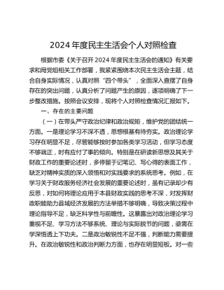 财政系统书记2024年度民主生活会对照检查4100字