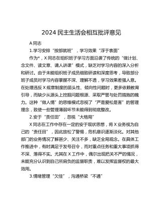 2024年度民主生活会相互批评意见3500字