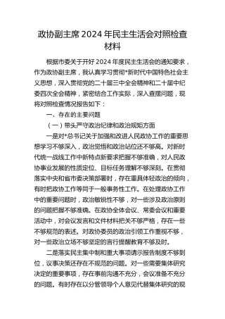 政协副主席2024年民主生活会对照检查4400字