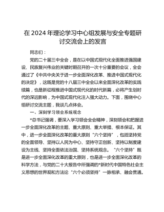 在2024年中心组发展与安全专题研讨交流会上的发言