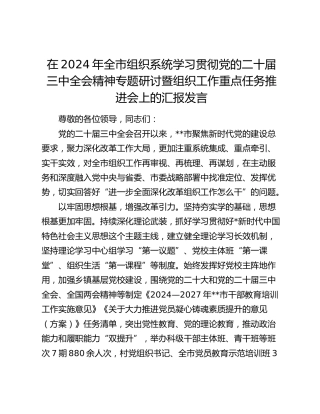 在2024年全市组织系统学习贯彻三中全会精神专题研讨暨组织工作重点任务推进会上的汇报发言
