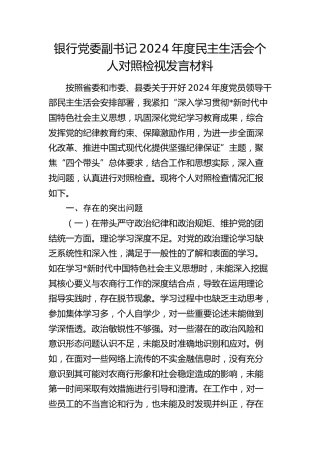 银行副书记2024年度民主生活会对照检查