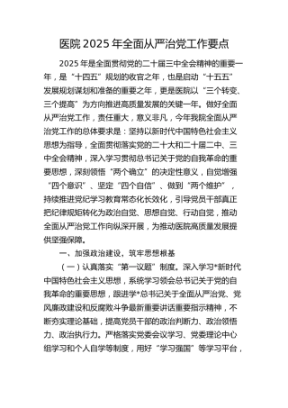 医院2025年全面从严治党工作要点4700字