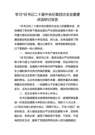 学习二十届中央纪委四次全会重要讲话研讨发言
