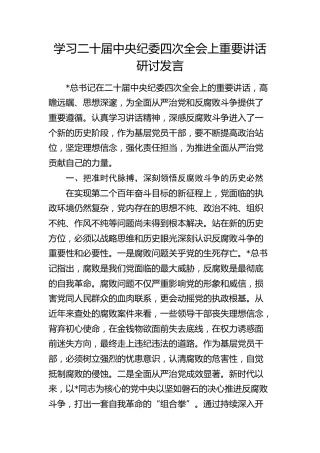 学习二十届中央纪委四次全会上重要讲话精神研讨发言2300字