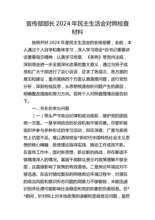 宣传部部长2024年民主生活会对照检查5500字
