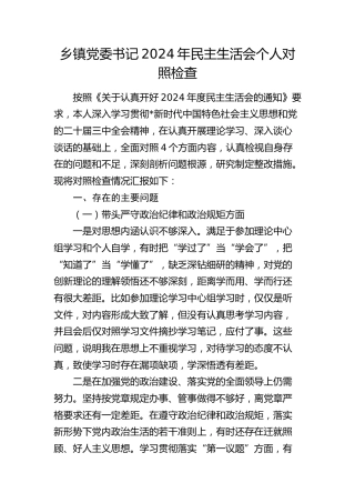 乡镇书记2024年民主生活会对照检查3300字