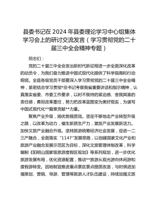 县委书记在2024年县委理论学习中心组集体学习会上的研讨交流发言（学习贯彻三中全会精神专题）