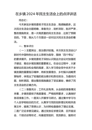 县委领导在乡镇2024年民主生活会上的点评讲话