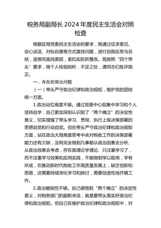 税务系统2024年度民主生活会个人对照检查4200字