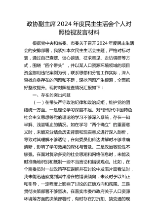 市政协副主席2024年度民主生活会个人对照检查