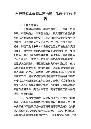 市纪委落实全面从严治党主体责任工作情况报告