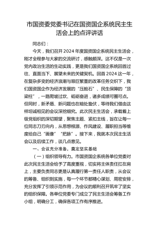市国资委书记在国资国企系统民主生活会上的点评讲话