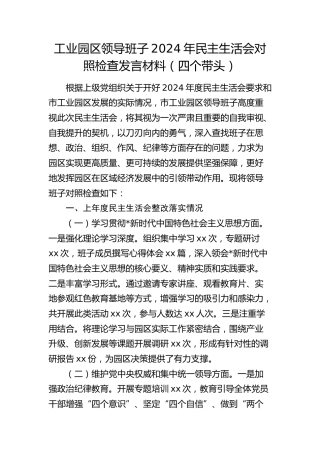 市工业园区领导班子2024年民主生活会对照检查5100字