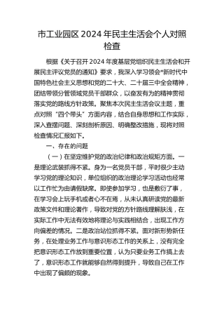 市工业园区2024年民主生活会个人对照检查3300字