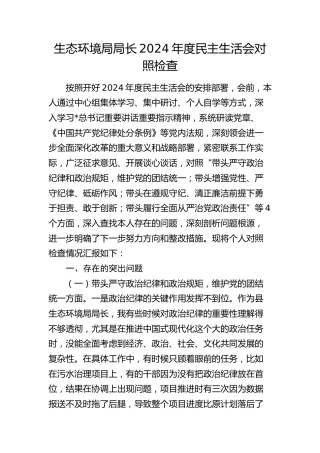 生态环境系统局长2024年度民主生活会对照检查材料