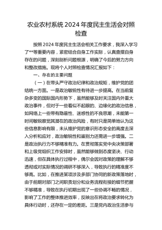 农业农村系统2024年度民主生活会对照检查6300字（含上年度整改）