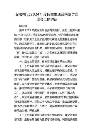 纪委书记在2024年度民主生活会前研讨交流会上的讲话4700字