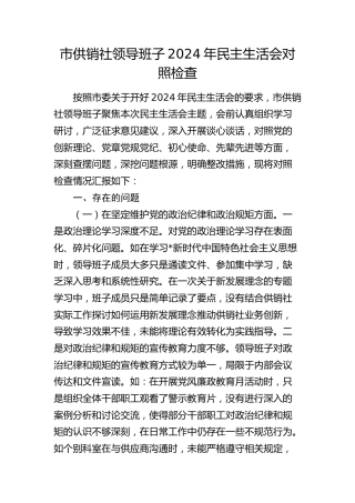 供销社领导班子2024年民主生活会对照检查（含意识形态）