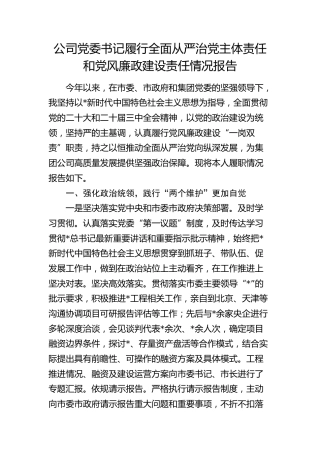 公司书记2024年履行全面从严治党主体责任和党风廉政建设责任情况报告3100字