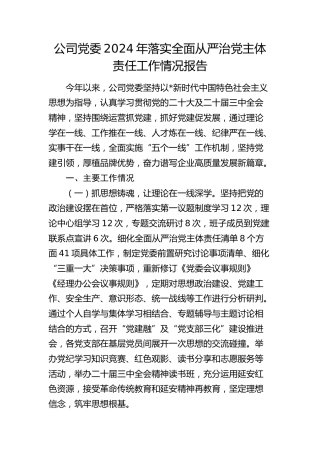公司落实全面从严治党主体责任工作情况报告2