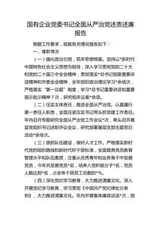 2024年度国企公司书记全面从严治党述责述廉报告1900字