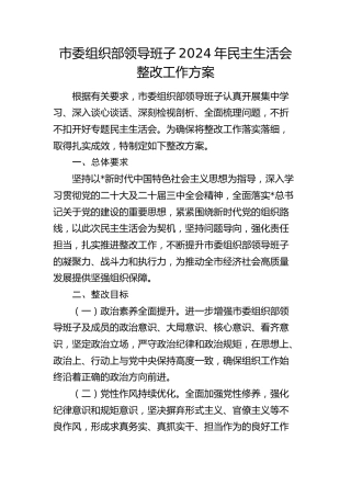 组织部2024年民主生活会整改工作方案