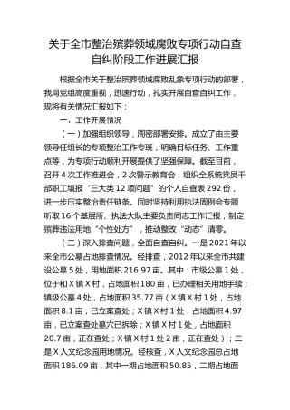 整治殡葬领域腐败专项行动自查自纠阶段工作进展汇报