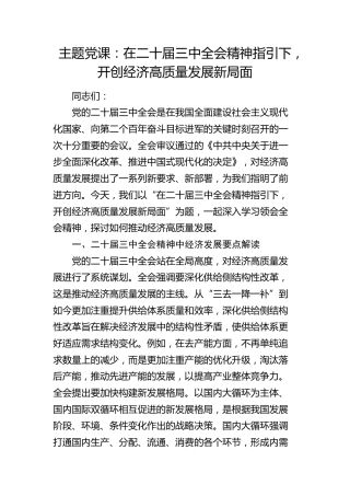 党课：在二十届三中全会精神指引下，开创经济高质量发展新局面