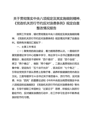 贯彻落实八项规定及其实施细则精神、《党政机关厉行节约反对浪费条例》规定自查整改情况报告