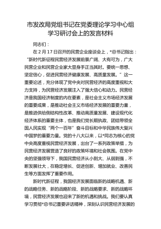 市发改局中心组学习民营企业座谈会精神研讨会上的发言