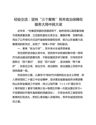 经验交流发言：坚持“三个聚焦” 筑牢政治保障 在服务大局中挑大梁