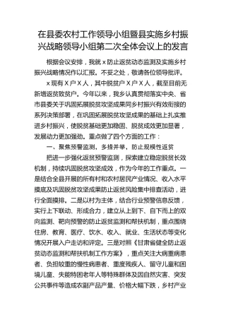 在县委农村工作领导小组暨县实施乡村振兴战略领导小组第二次全体会议上的发言