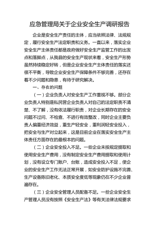 应急管理局企业安全生产调研报告