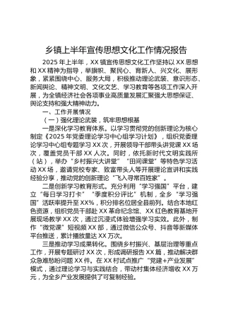 乡镇上半年宣传思想文化工作总结报告2700字