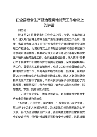2024年在全县粮食生产暨治理耕地抛荒工作会议上的讲话
