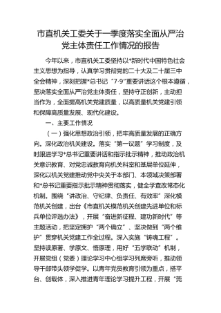 市直机关工委落实全面从严治党主体责任工作情况总结报告