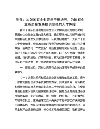 公司党课：加强国企青年干部培养，为高质量发展提供坚强的人才保障