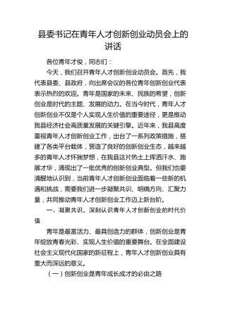 县委书记在青年人才创新创业动员会上的讲话(1)