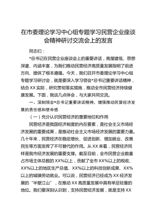 在中心组专题学习民营企业座谈会精神研讨交流会上的发言