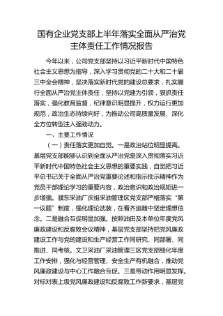 国企公司党支部上半年落实全面从严治党主体责任工作总结报告3300字
