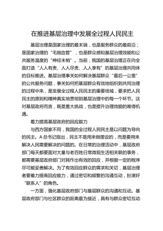 理论发言：在推进基层治理中发展全过程人民民主