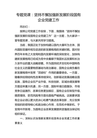 公司党课：坚持不懈加强新发展阶段国有企业党建工作