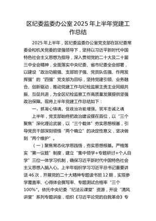 区纪委监委办公室支部2025年上半年党建工作总结3700字
