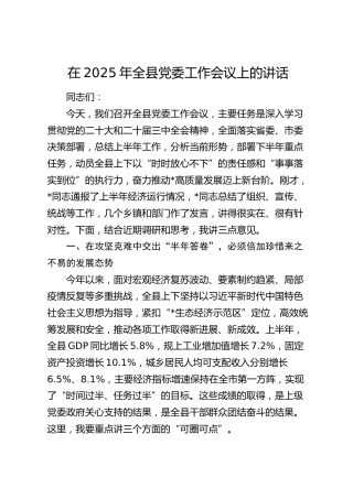 全县党委工作会议上的讲话