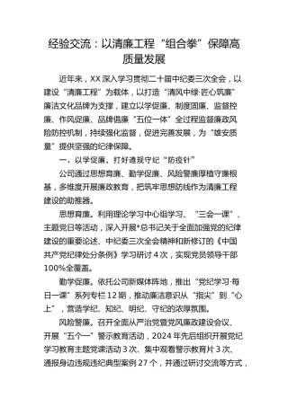 经验交流发言：以清廉工程“组合拳”保障高质量发展