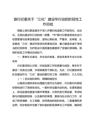 银行纪委关于纪检监察“三化”建设年行动的阶段性工作总结3500字