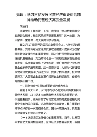 党课：学习贯彻发展民营经济重要讲话精神   推动民营经济高质量发展