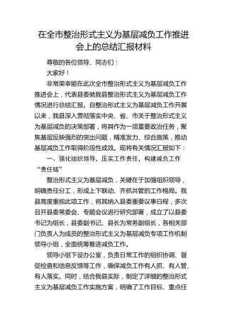 在全市整治形式主义为基层减负工作推进会上的总结汇报