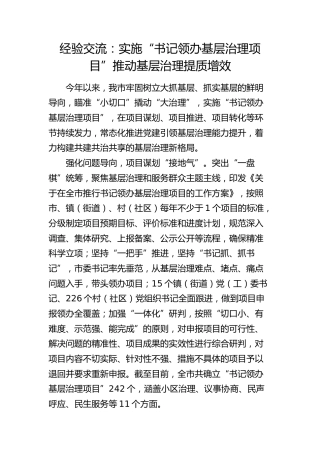 经验交流发言：实施“书记领办基层治理项目”推动基层治理提质增效